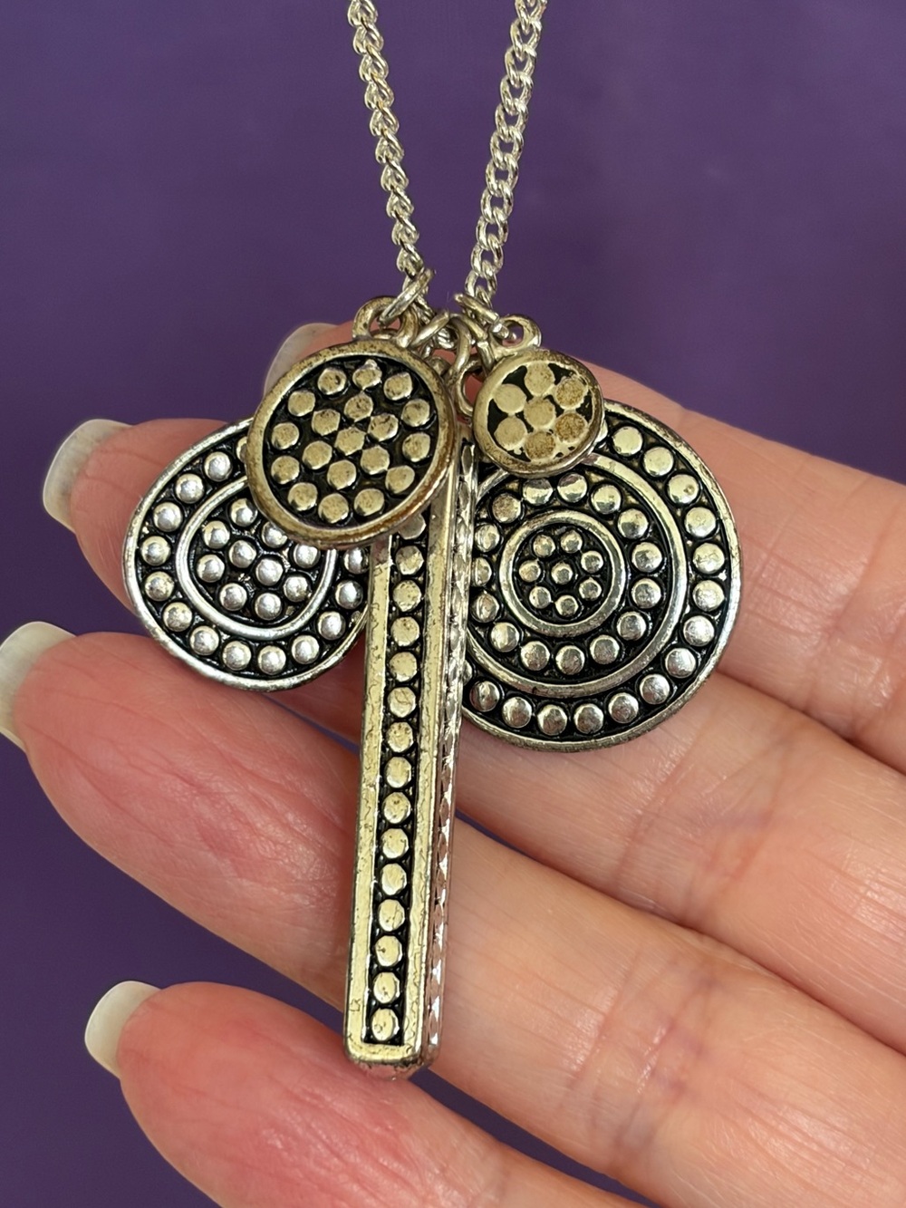 Silvertone Long Station Necklace with Cluster of Textured Pendants Boho Artsy